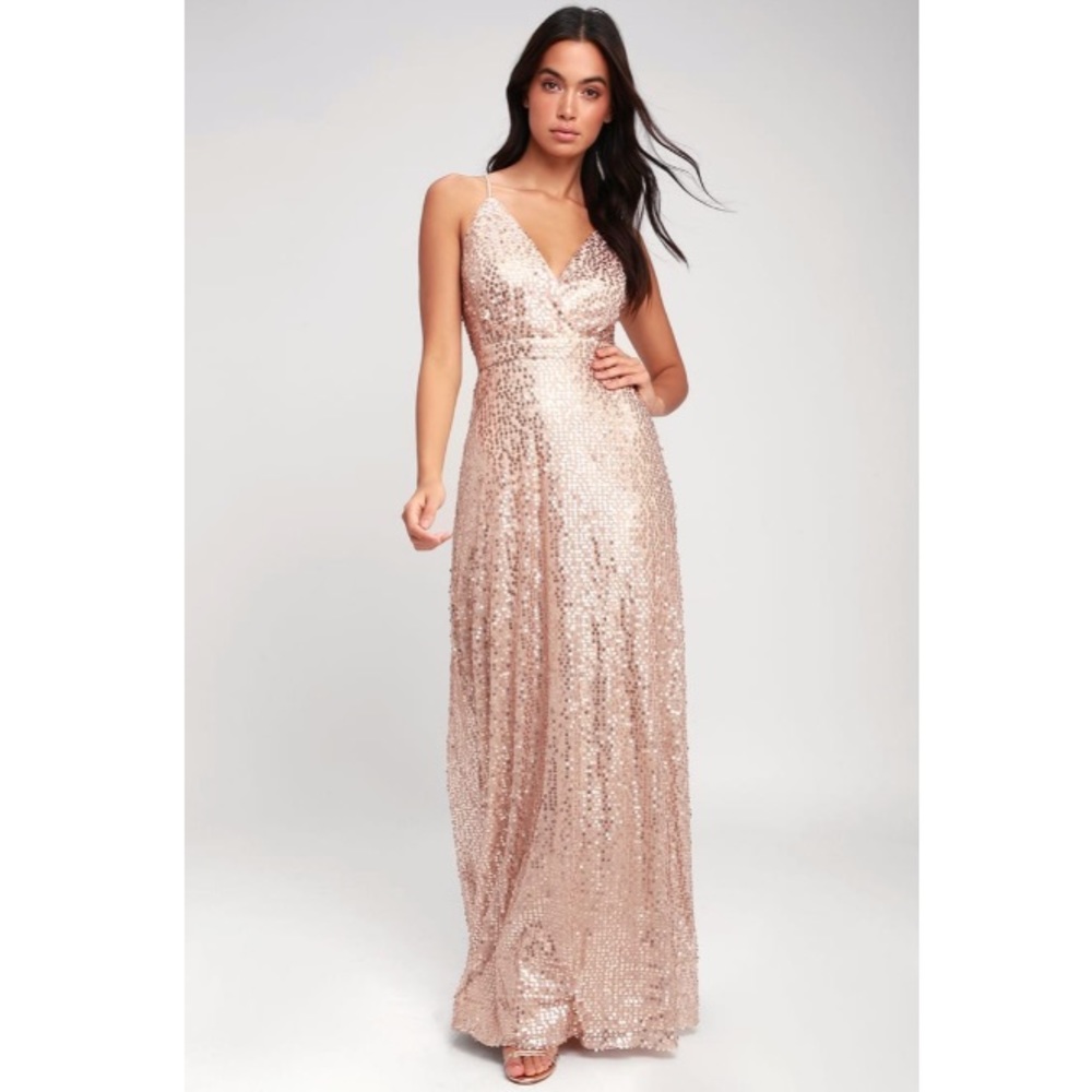 Lulu’s Spotlight Champagne Sequin Maxi Dress